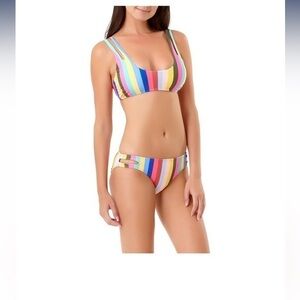 No Boundaries Juniors' Cutout Salsa Stripe Bralette Bikini Top and bottoms